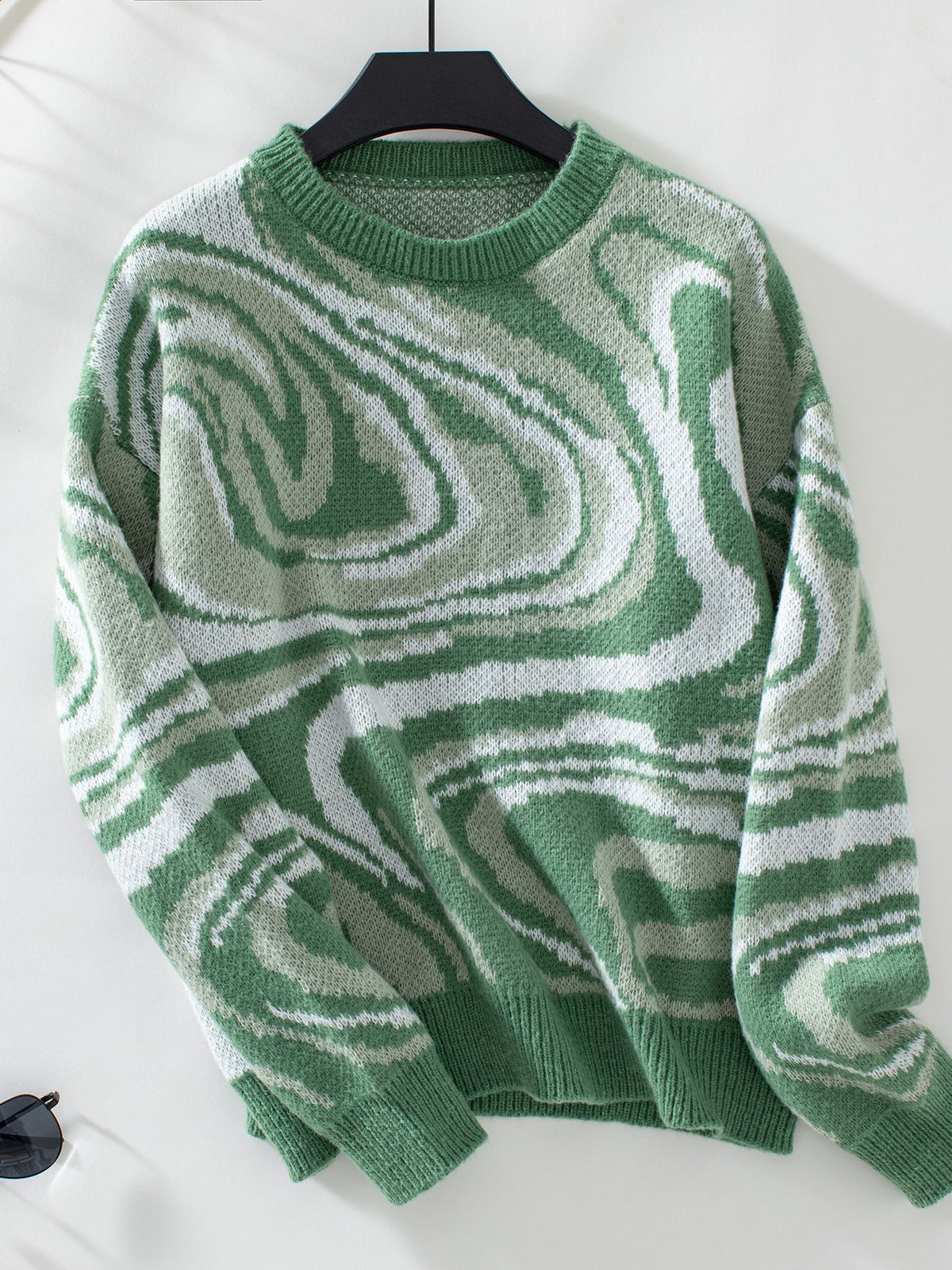 Marbled Swirl Pattern Crewneck Knit Sweater - Green