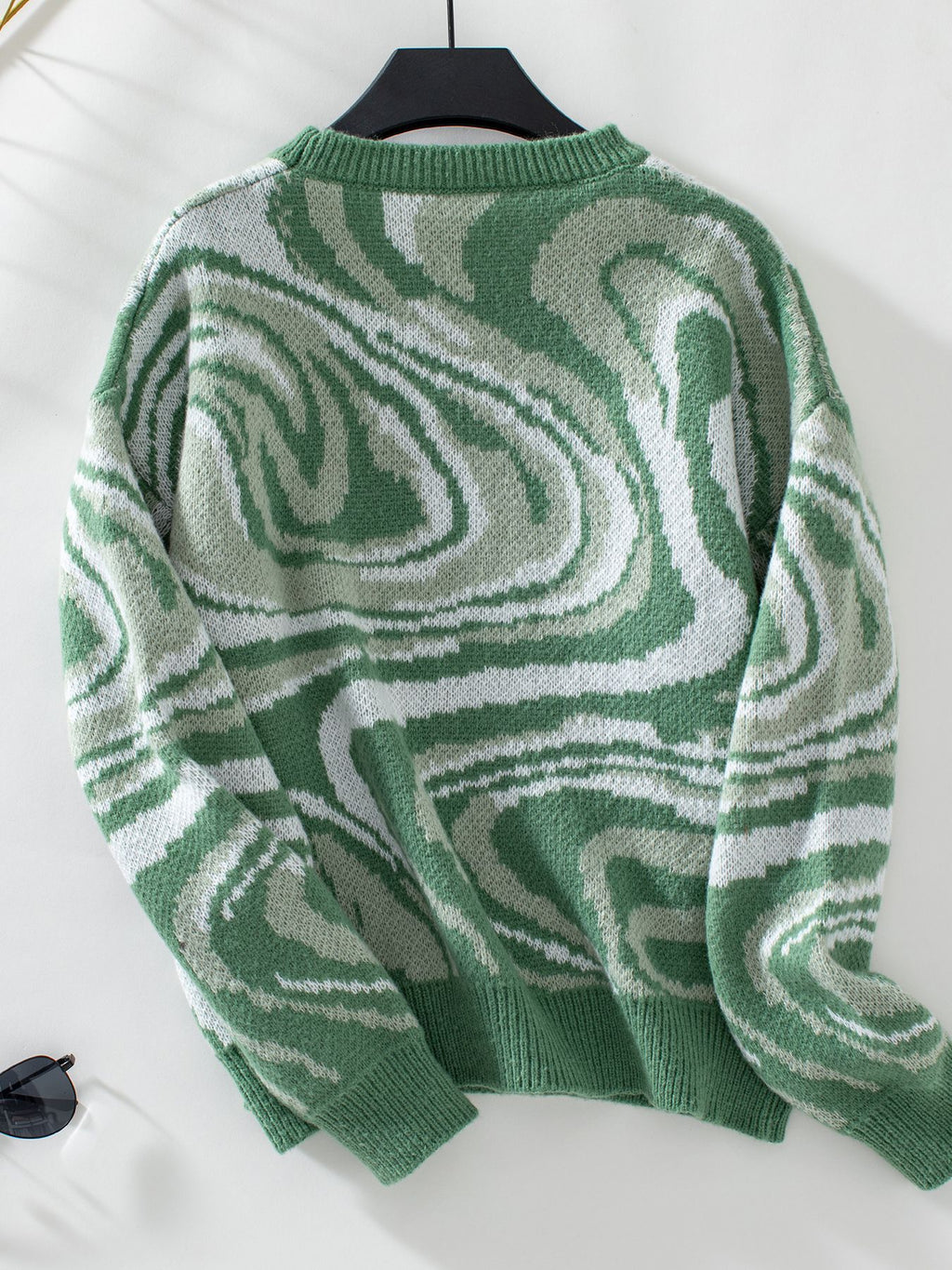 Marbled Swirl Pattern Crewneck Knit Sweater - Green - 1