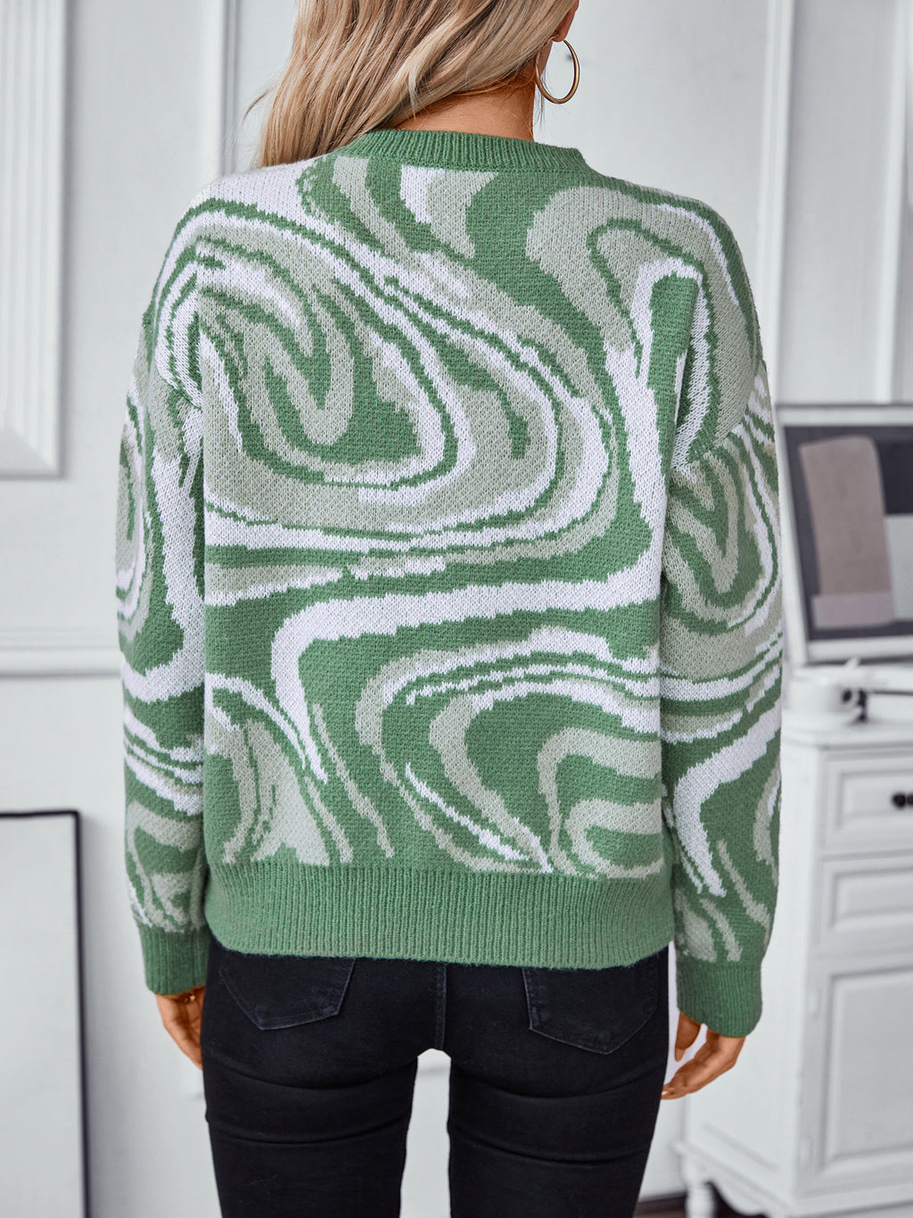 Marbled Swirl Pattern Crewneck Knit Sweater - Green - 6