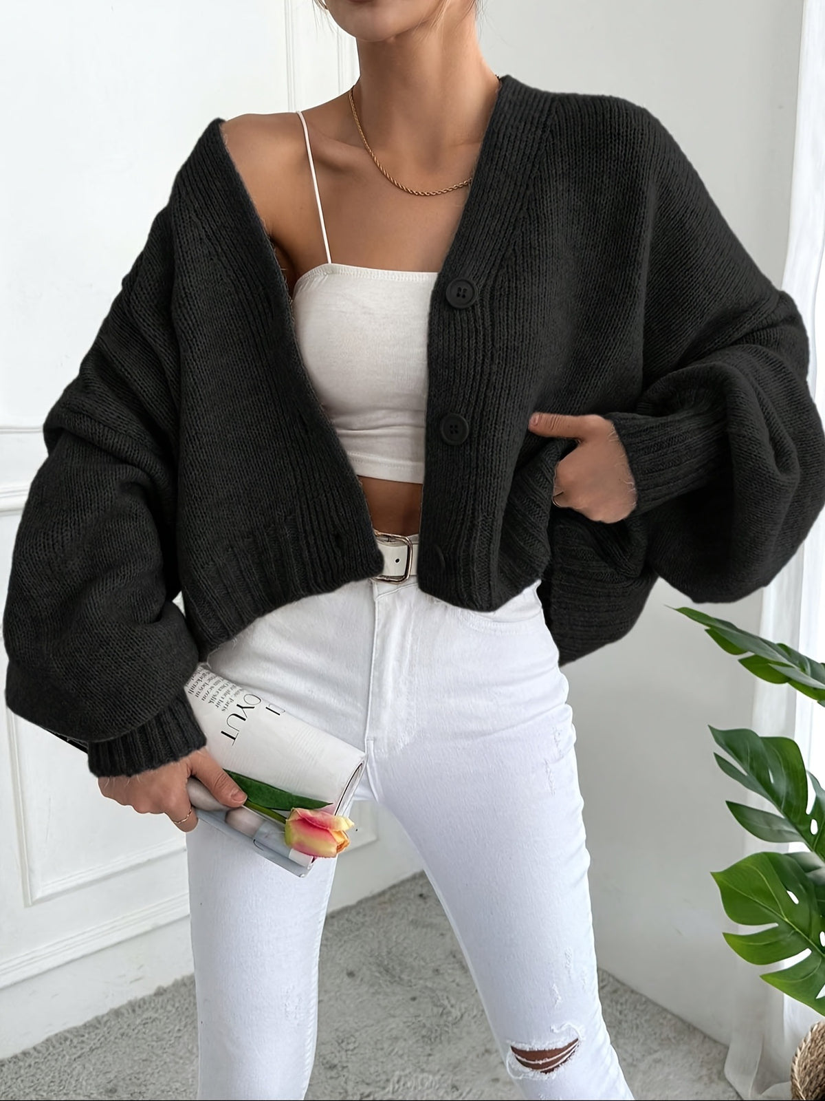 Slouchy Cropped Knit Cardigan with Balloon Sleeves - Black