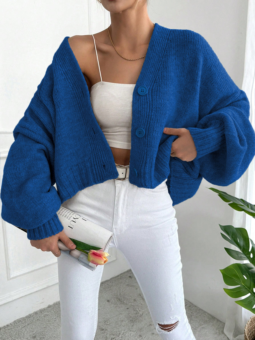 Slouchy Cropped Knit Cardigan with Balloon Sleeves - Blue