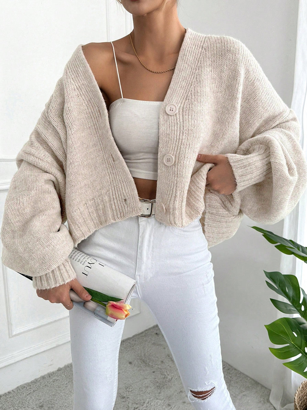 Slouchy Cropped Knit Cardigan with Balloon Sleeves - Khaki