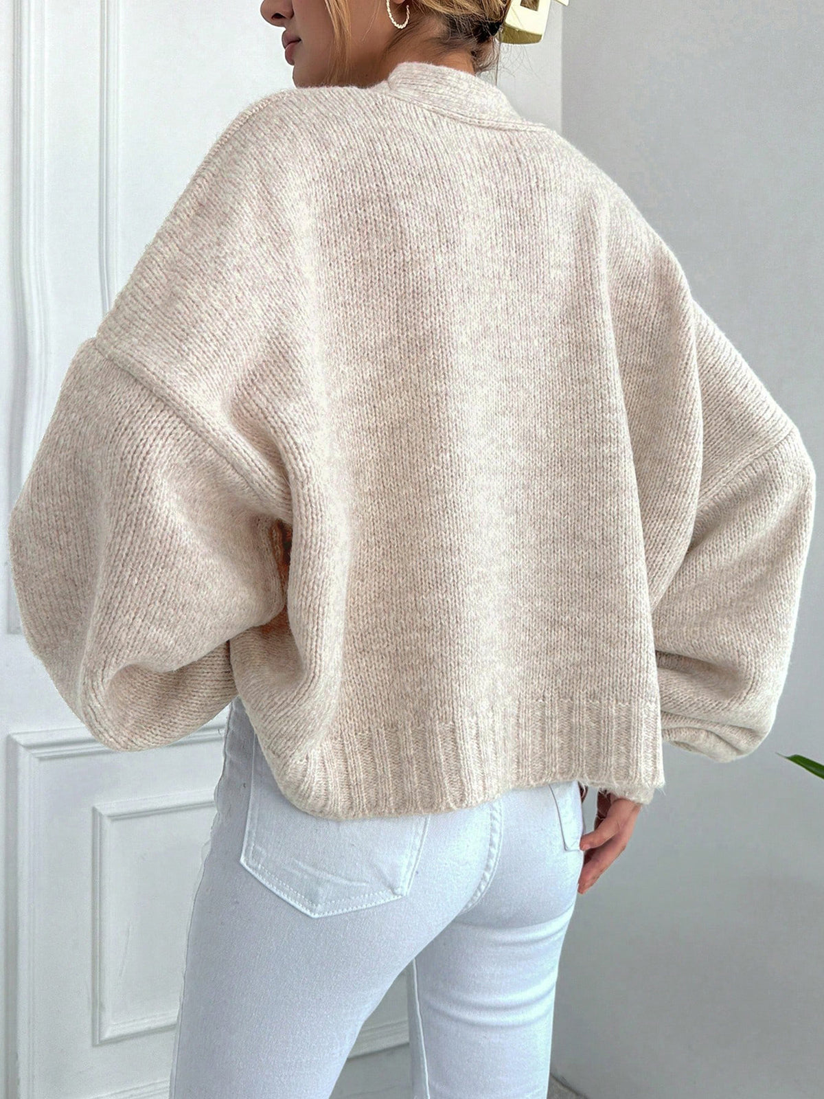 Slouchy Cropped Knit Cardigan with Balloon Sleeves - Khaki - 1