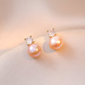 Crystal Accent Round Pearl Stud Earrings - Pink