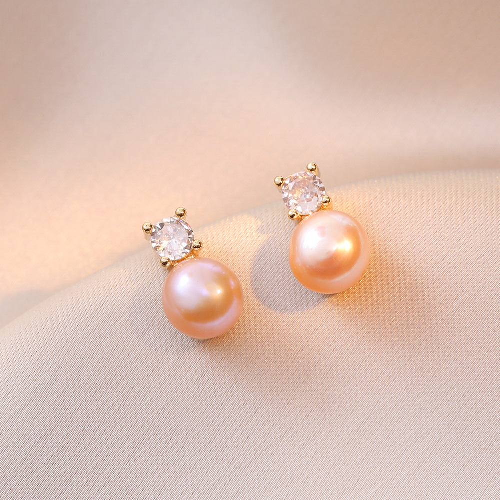 Crystal Accent Round Pearl Stud Earrings - Pink