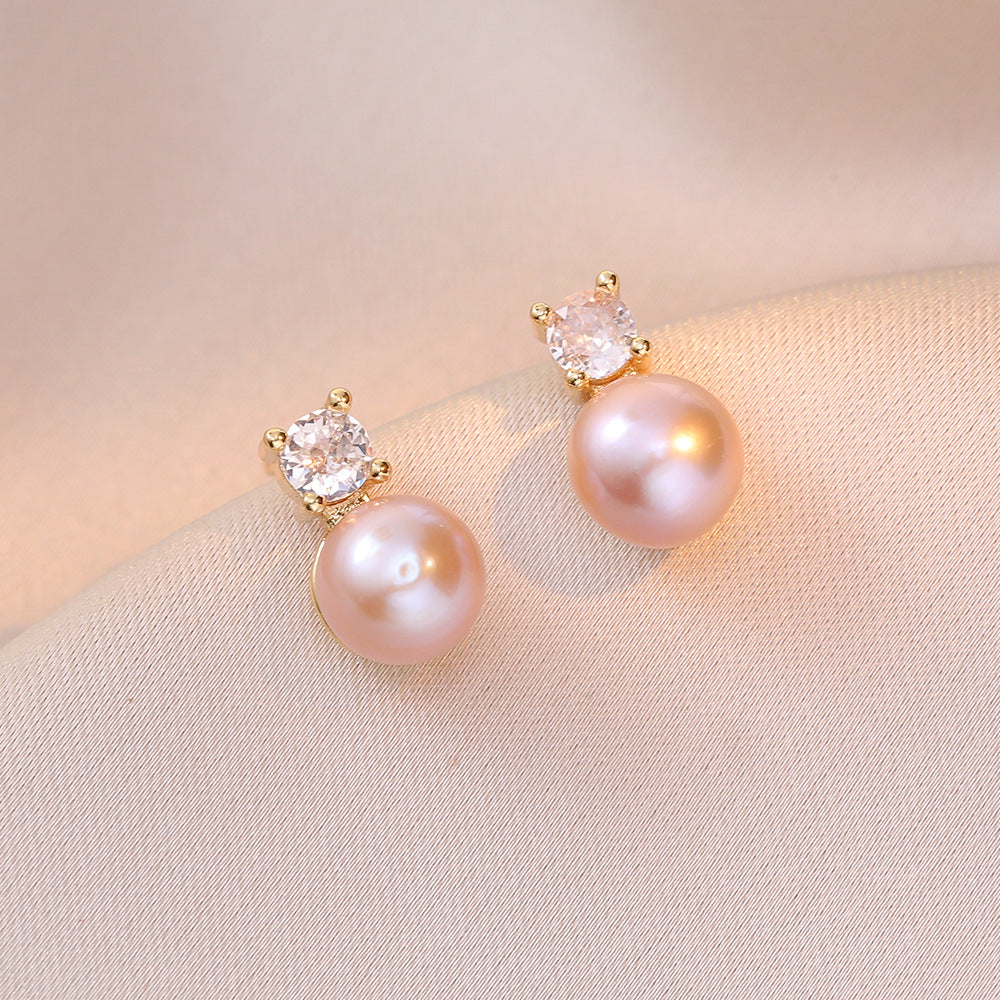 Crystal Accent Round Pearl Stud Earrings - Purple