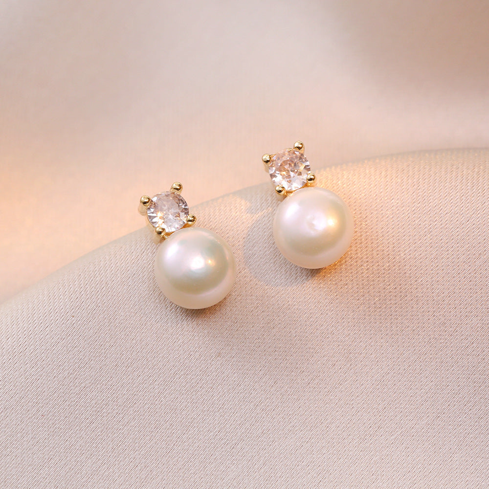 Crystal Accent Round Pearl Stud Earrings - White