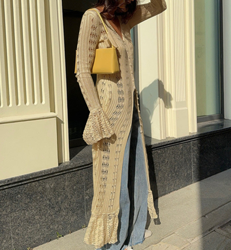 Pointelle Knit Flared Sleeve Maxi Dress - Apricot