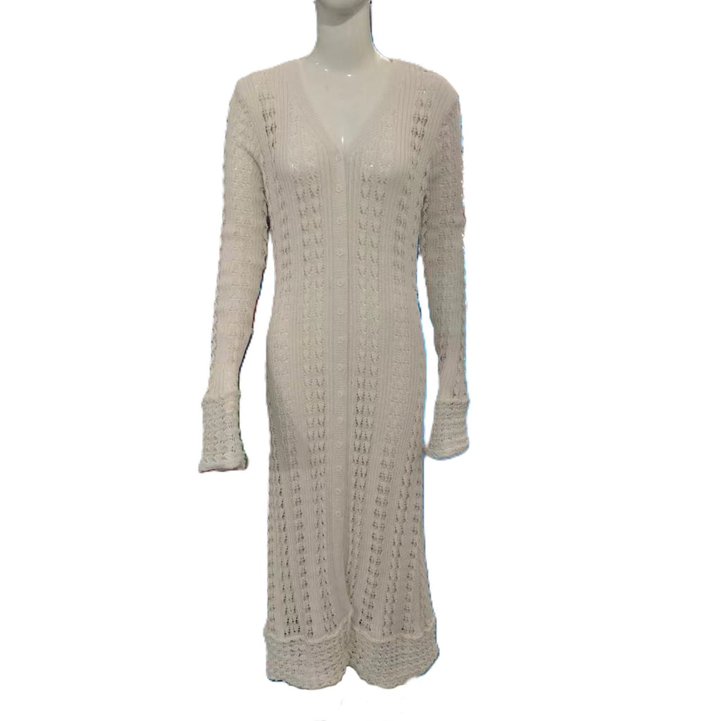 Pointelle Knit Flared Sleeve Maxi Dress - White