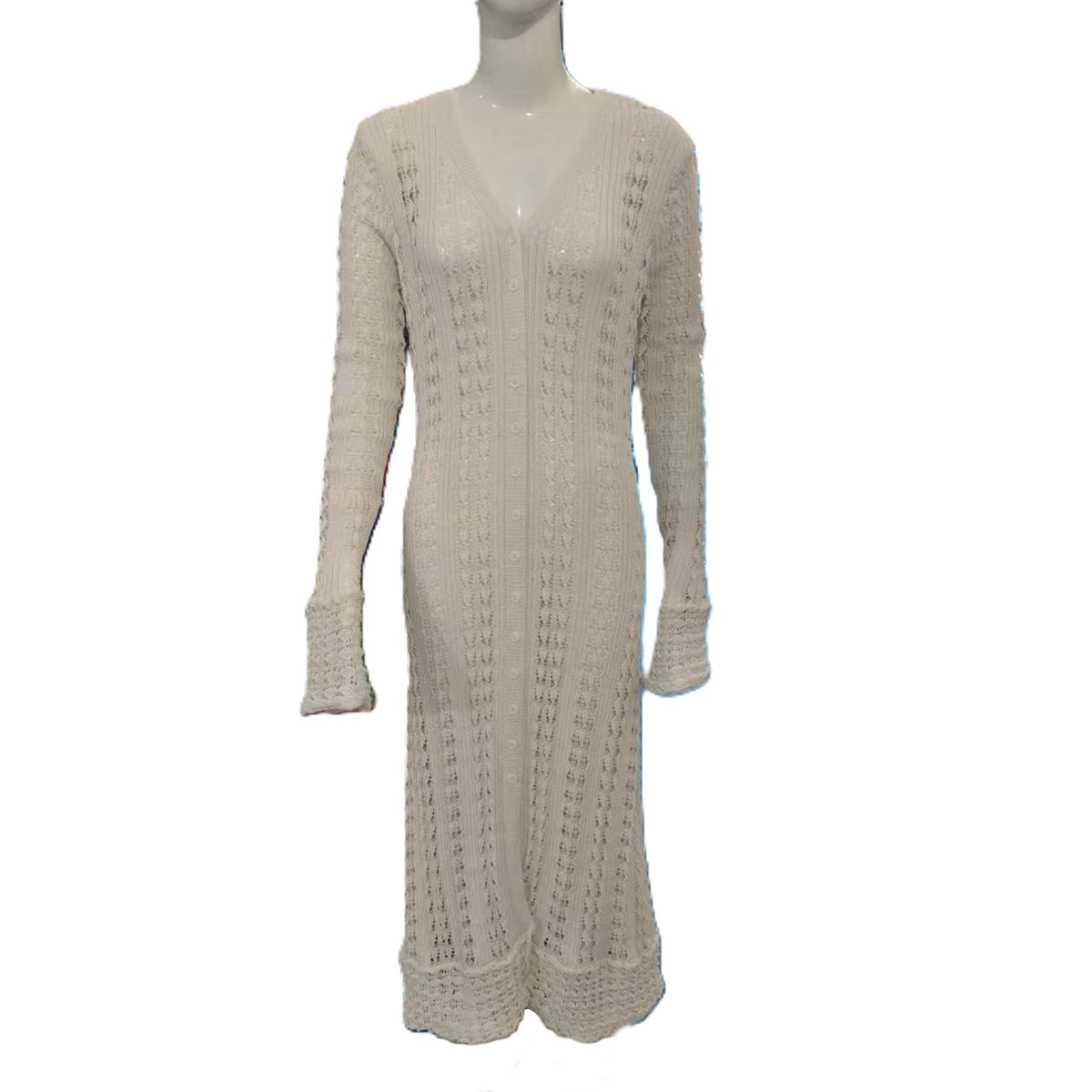Pointelle Knit Flared Sleeve Maxi Dress - White