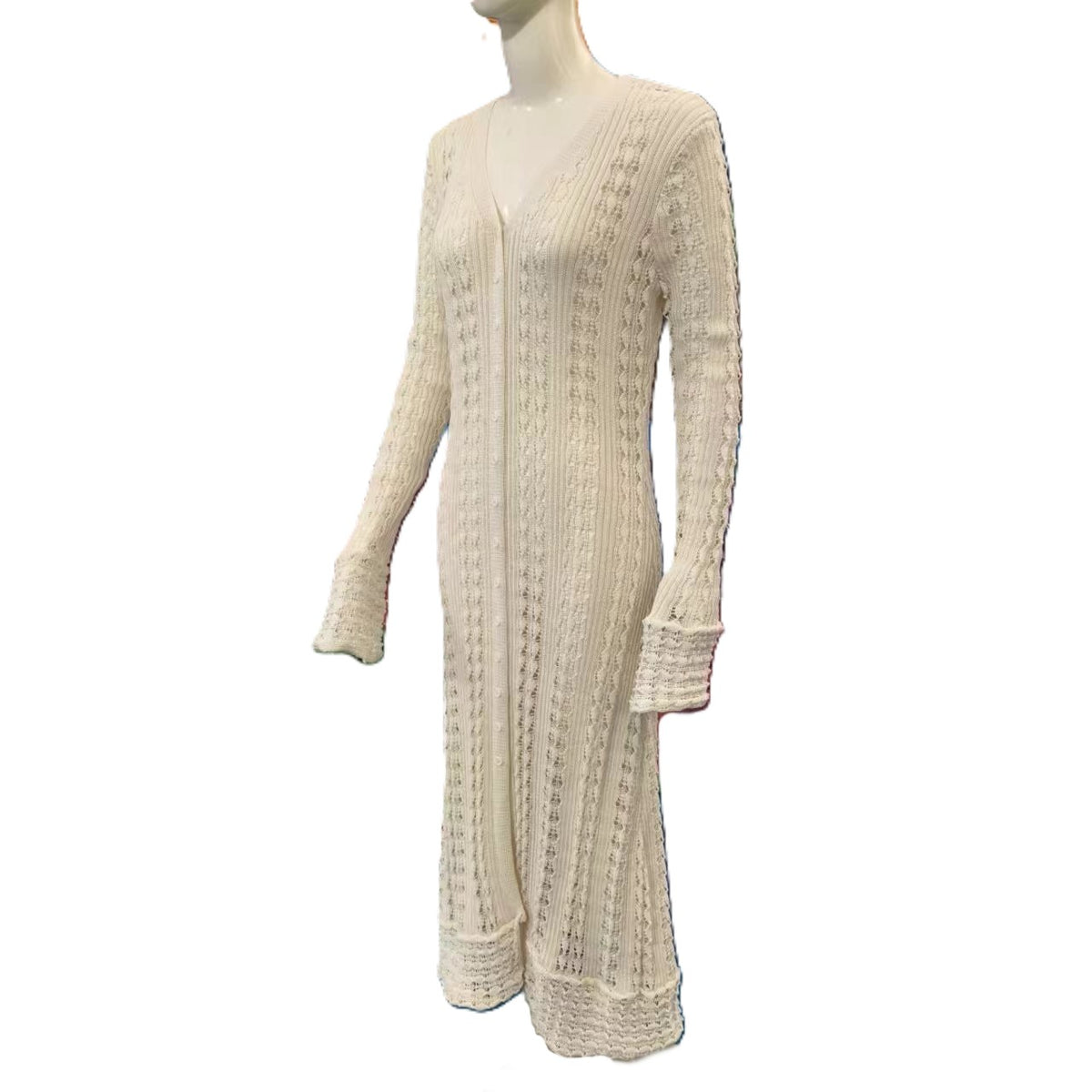Pointelle Knit Flared Sleeve Maxi Dress - White - 1
