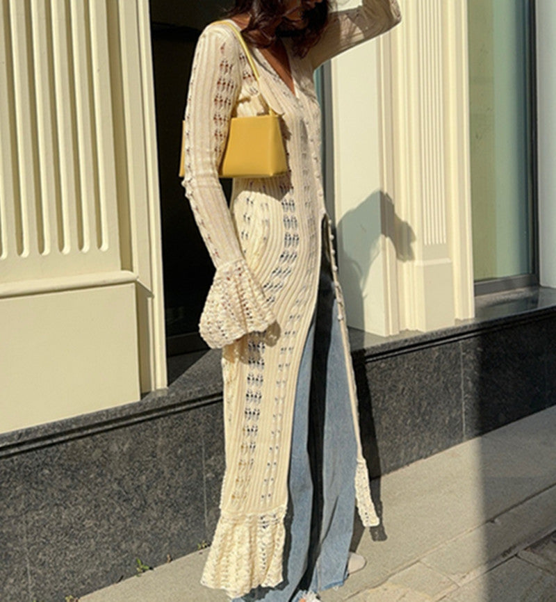 Pointelle Knit Flared Sleeve Maxi Dress