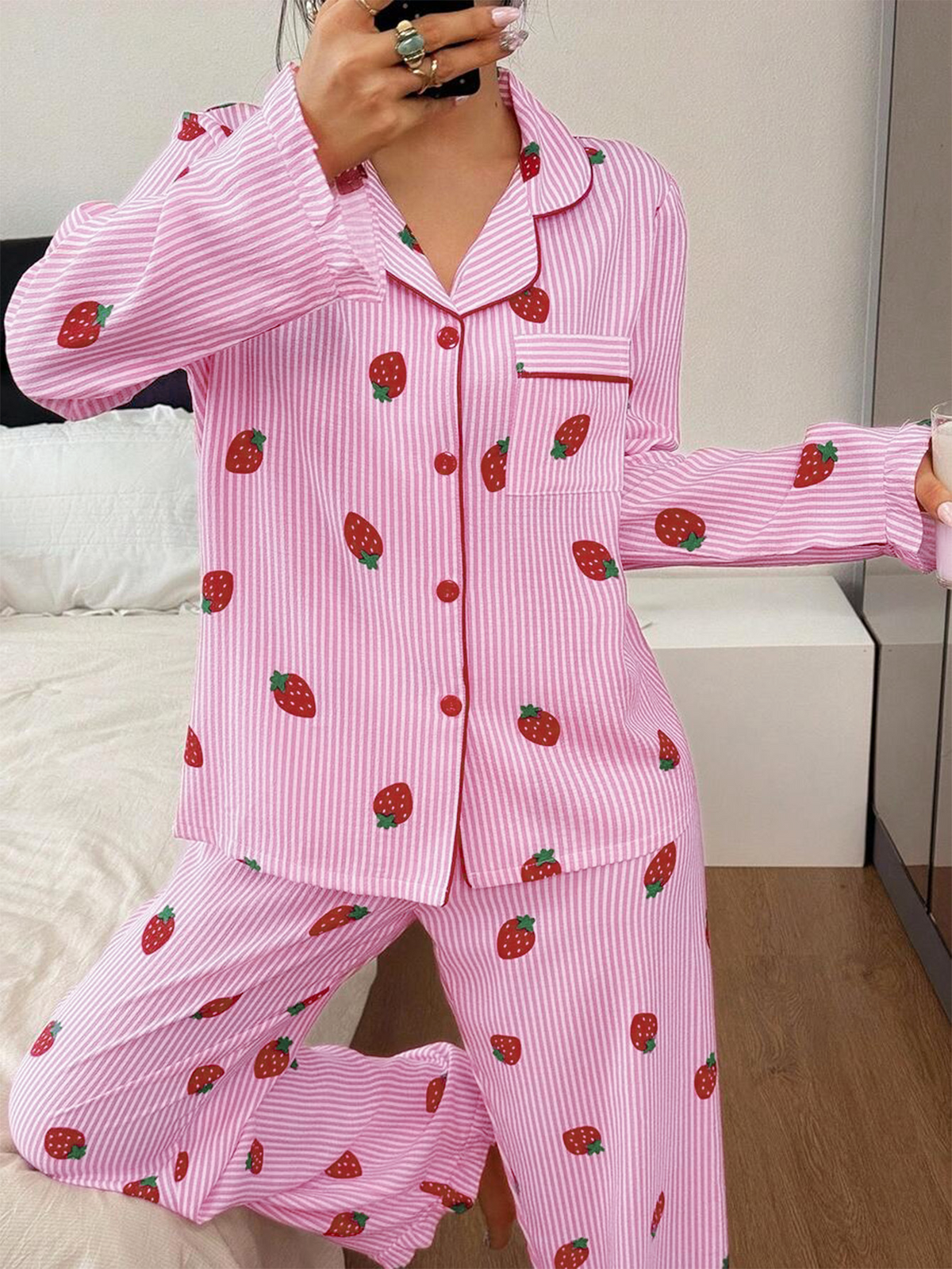 Strawberry Print Ruffle Trim Pajama Set - Pink