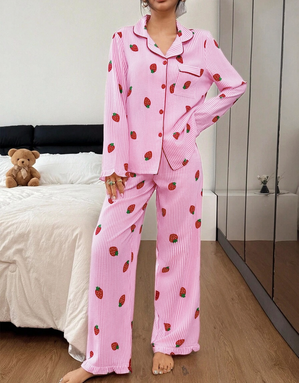 Strawberry Print Ruffle Trim Pajama Set - Pink - 1