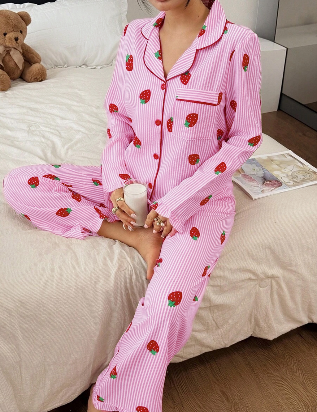 Strawberry Print Ruffle Trim Pajama Set - Pink - 2