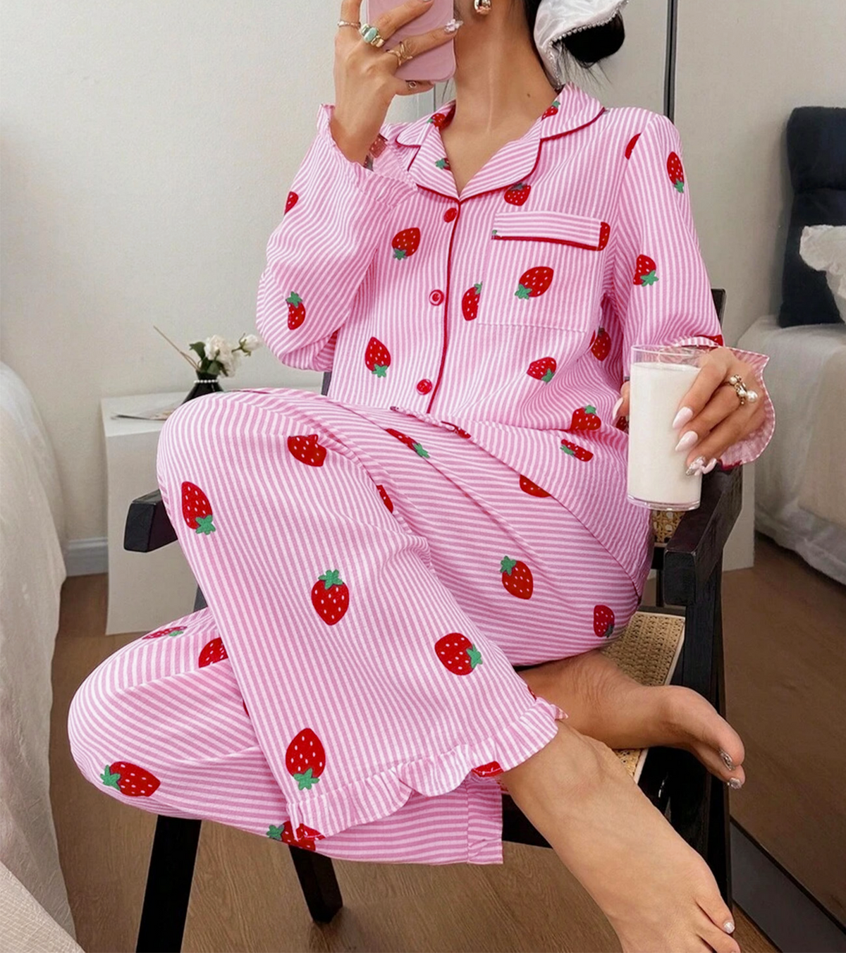 Strawberry Print Ruffle Trim Pajama Set - Pink - 5