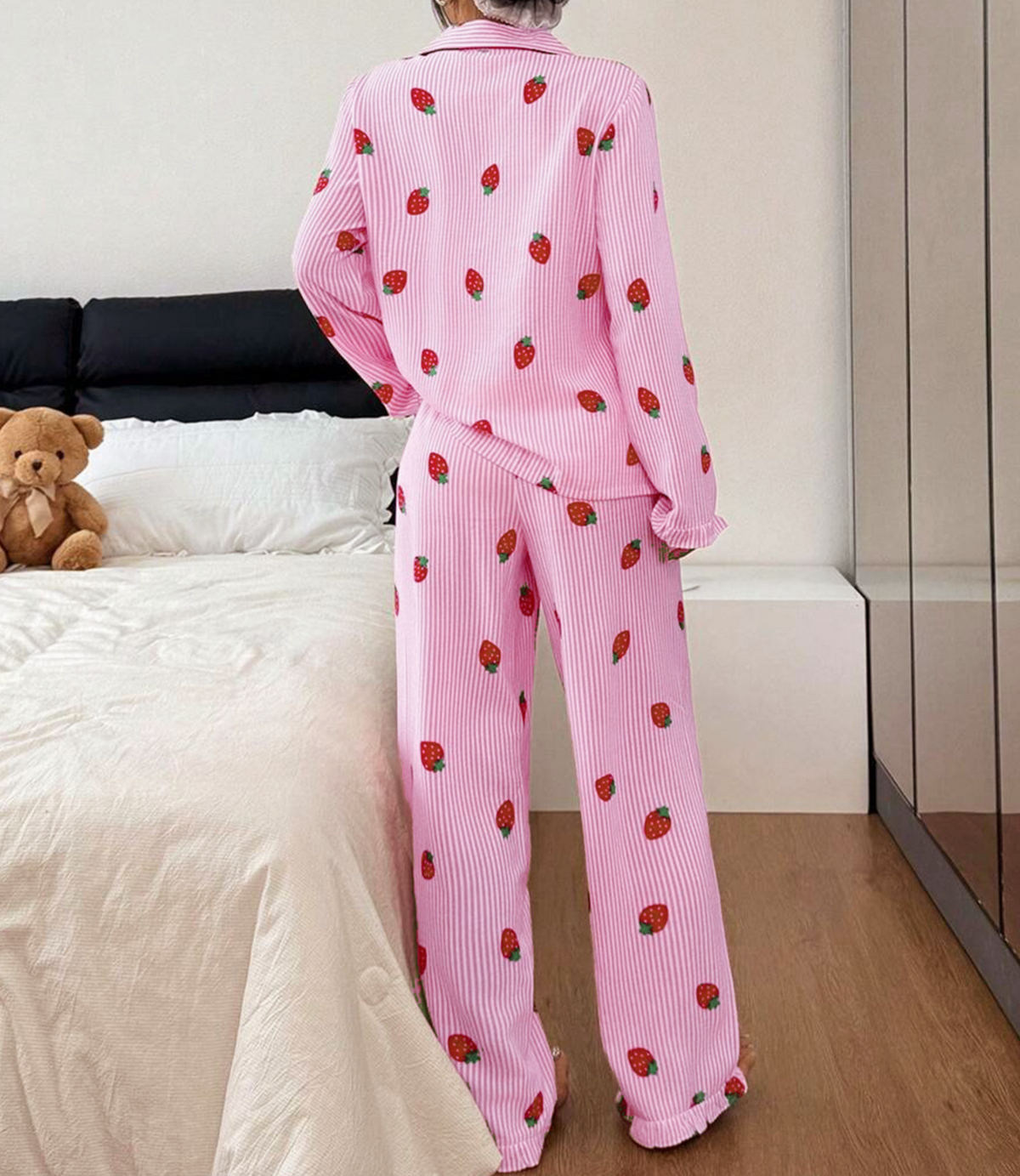 Strawberry Print Ruffle Trim Pajama Set - Pink - 6