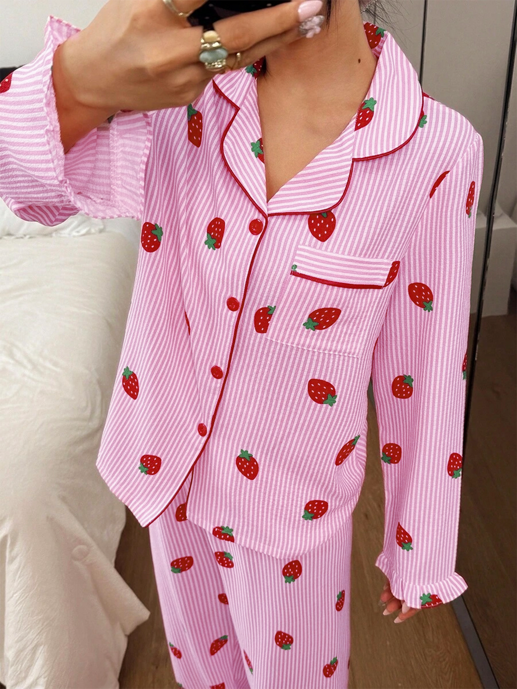Strawberry Print Ruffle Trim Pajama Set - Pink - 7