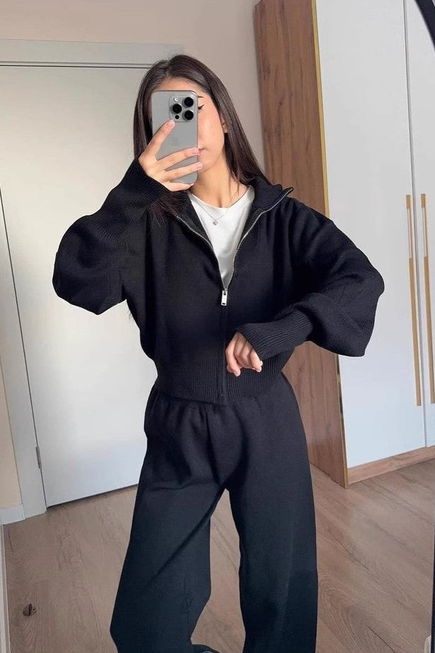 Zip Front Knit Jacket and Trouser Set - Black