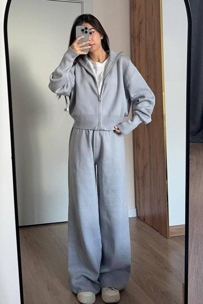 Zip Front Knit Jacket and Trouser Set - Grey