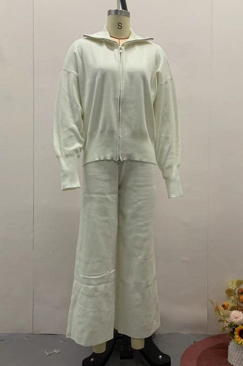 Zip Front Knit Jacket and Trouser Set - White - 1