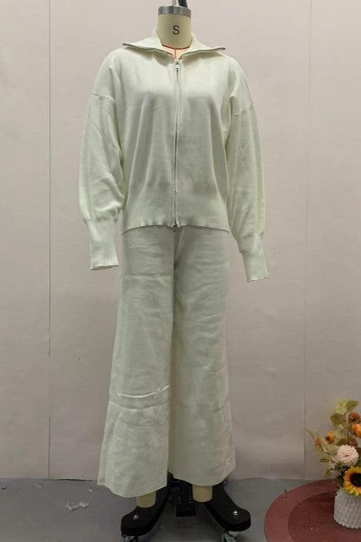Zip Front Knit Jacket and Trouser Set - White - 2