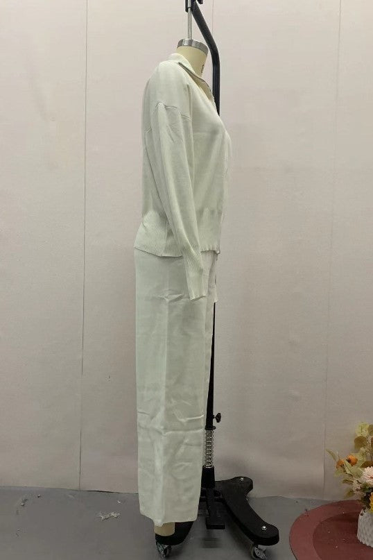 Zip Front Knit Jacket and Trouser Set - White - 3