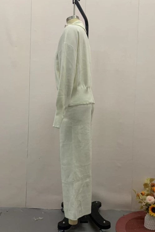 Zip Front Knit Jacket and Trouser Set - White - 4