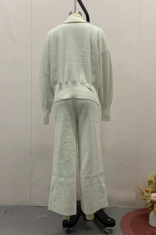 Zip Front Knit Jacket and Trouser Set - White - 5