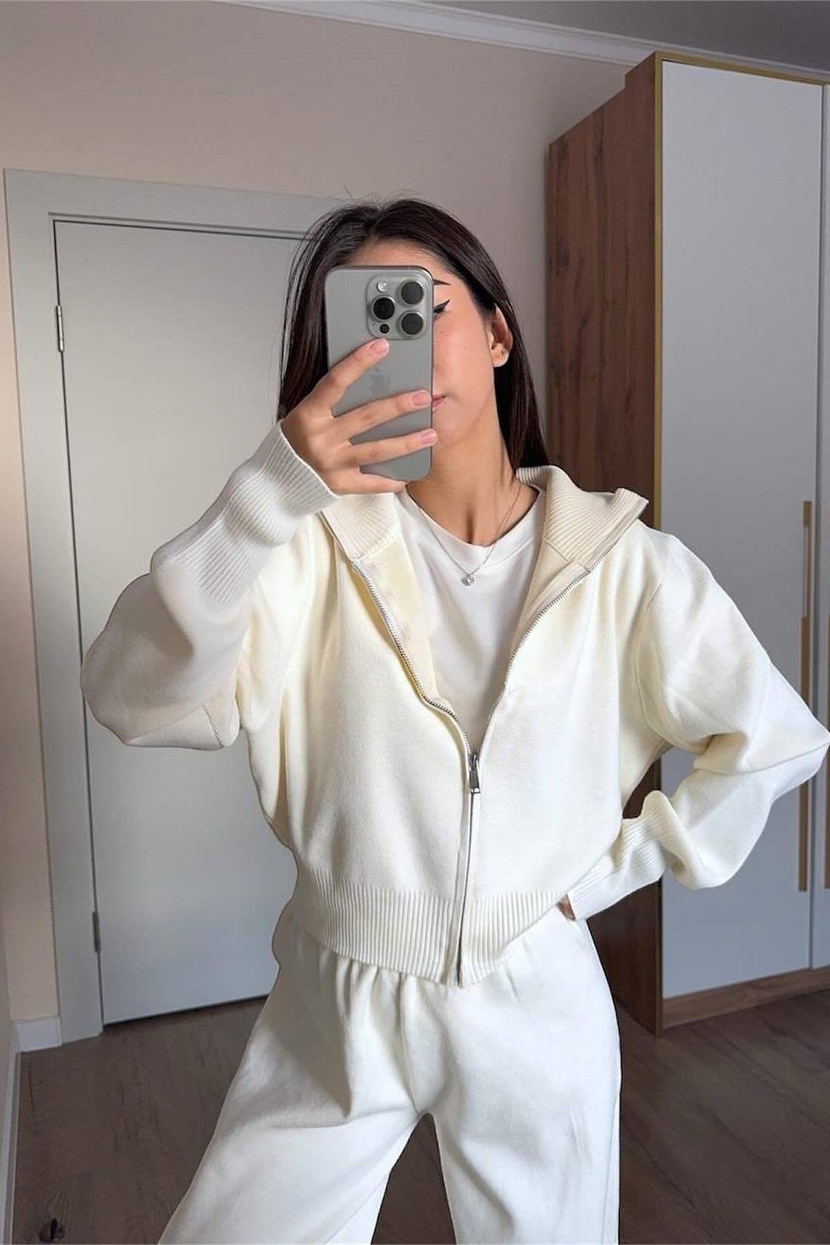 Zip Front Knit Jacket and Trouser Set - White - 6