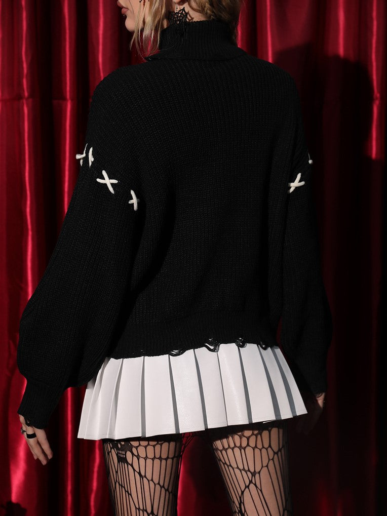 Halloween Bandage Sleeve Oversized Turtleneck Sweater - Black - 4