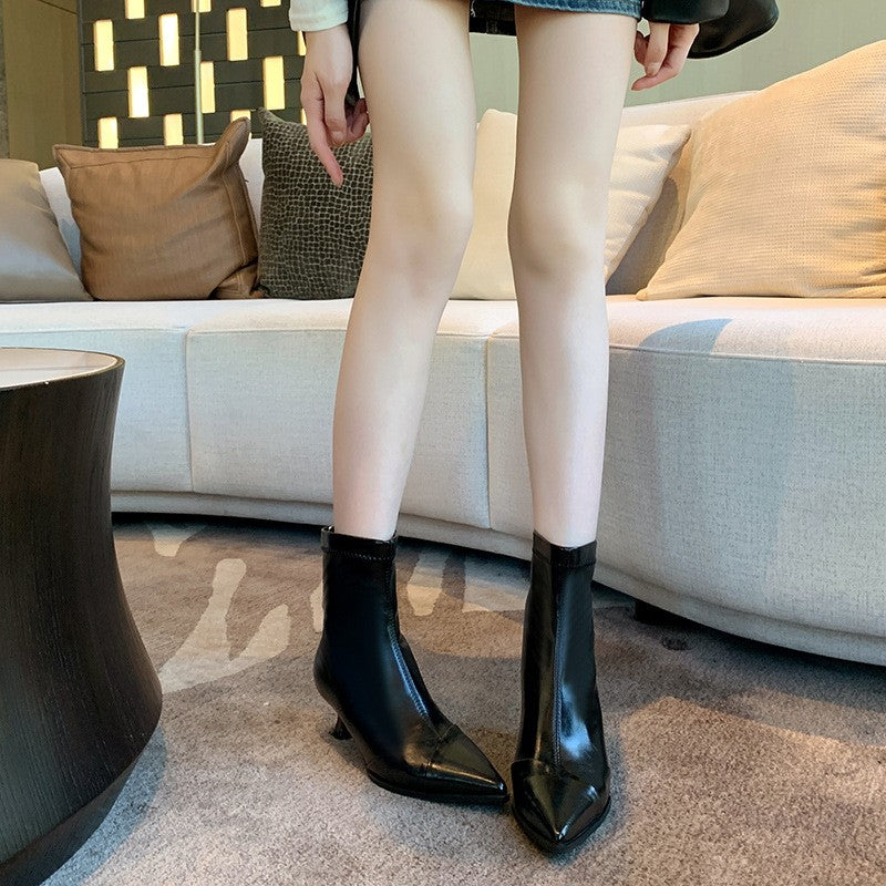 Pointed Toe Kitten Heel Ankle Boots - Black Fleece