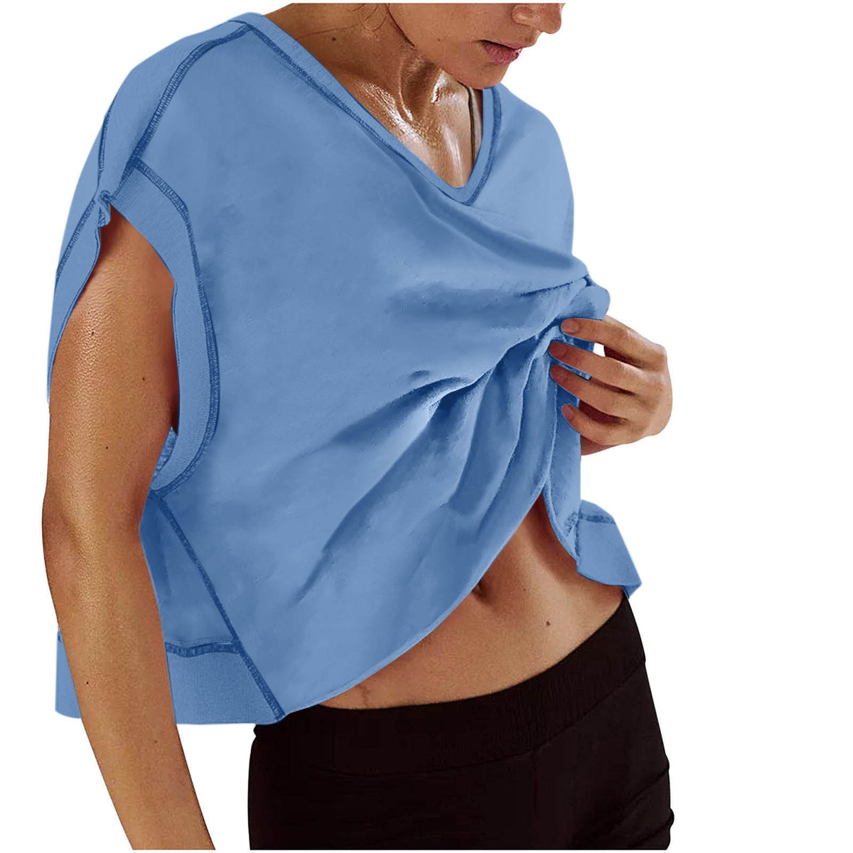 Open Back Cropped Oversized Workout Tee - Blue