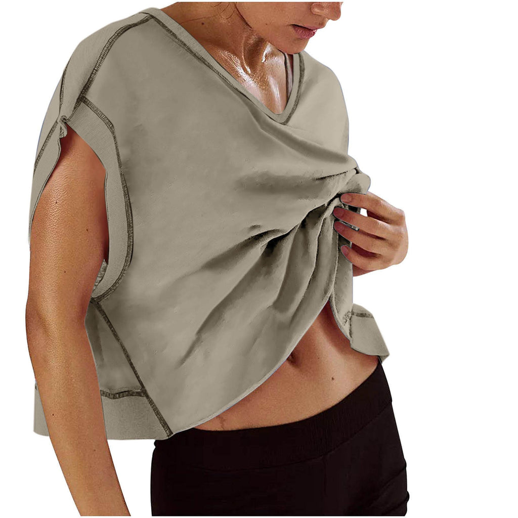 Open Back Cropped Oversized Workout Tee - Taupe