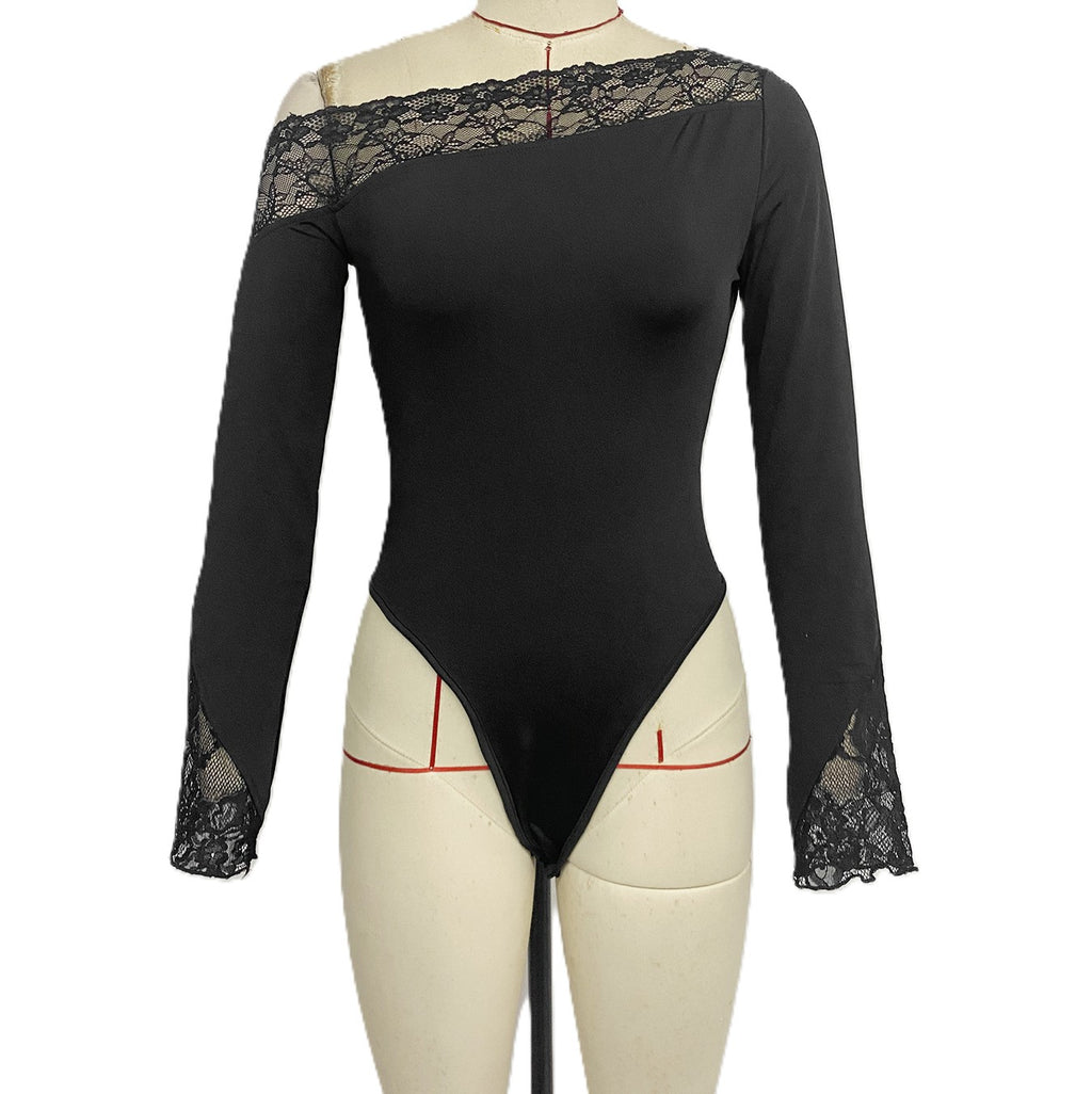 Lace Trim Off Shoulder Long Sleeve Bodysuit - Black