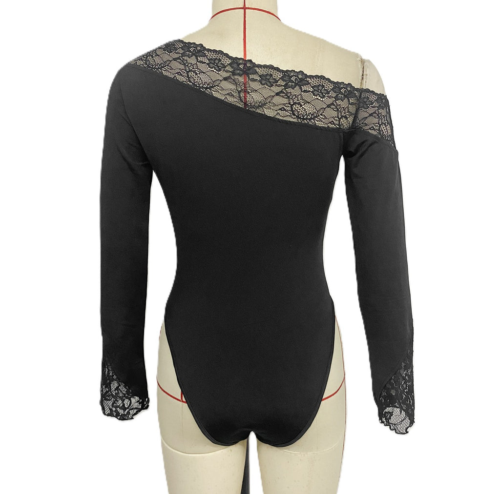 Lace Trim Off Shoulder Long Sleeve Bodysuit - Black - 1