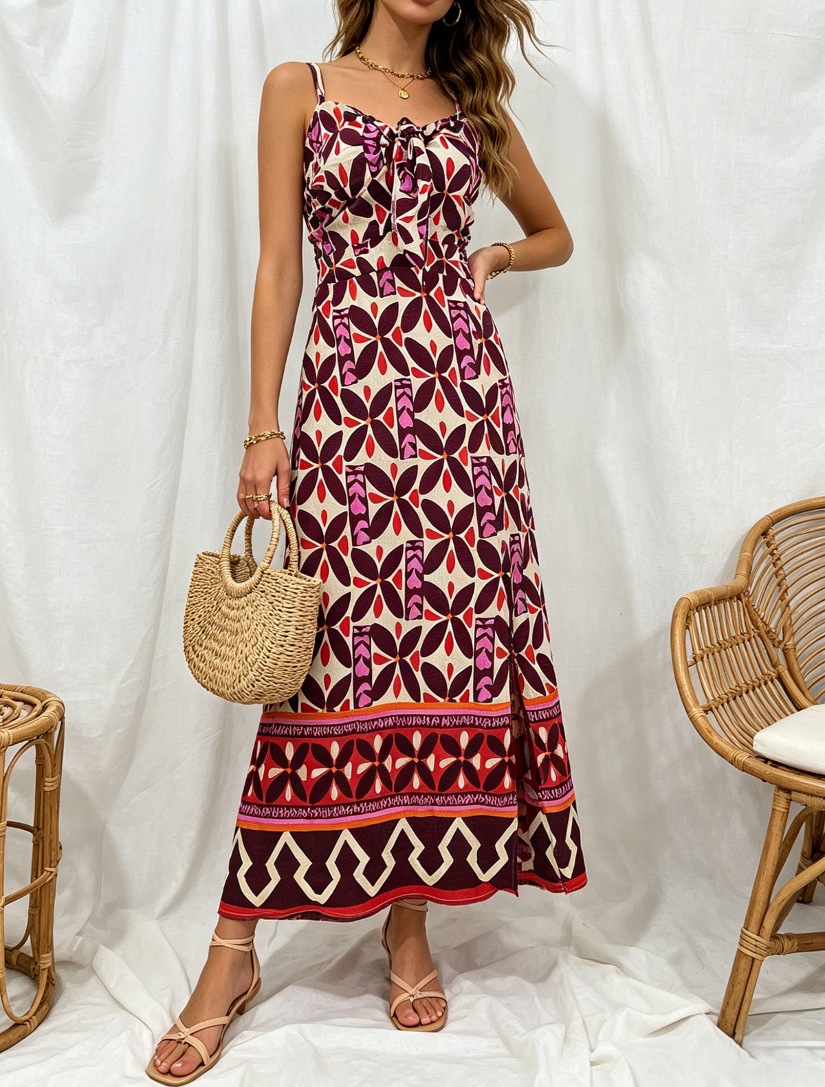 Boho Border Print Cami Maxi Dress - Winered
