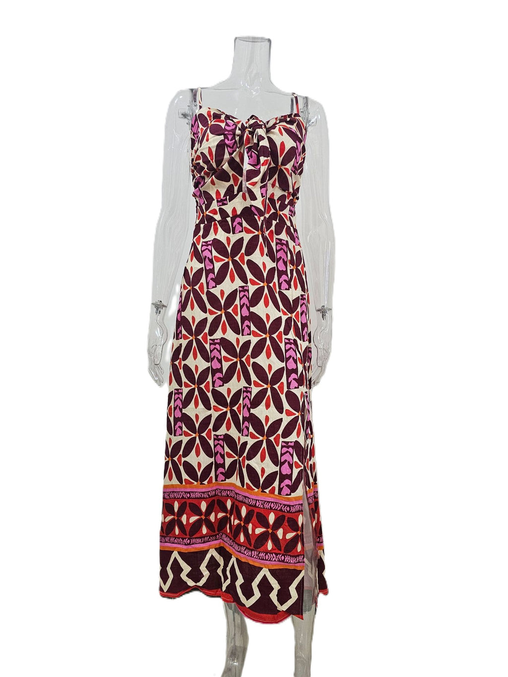 Boho Border Print Cami Maxi Dress - Winered - 1