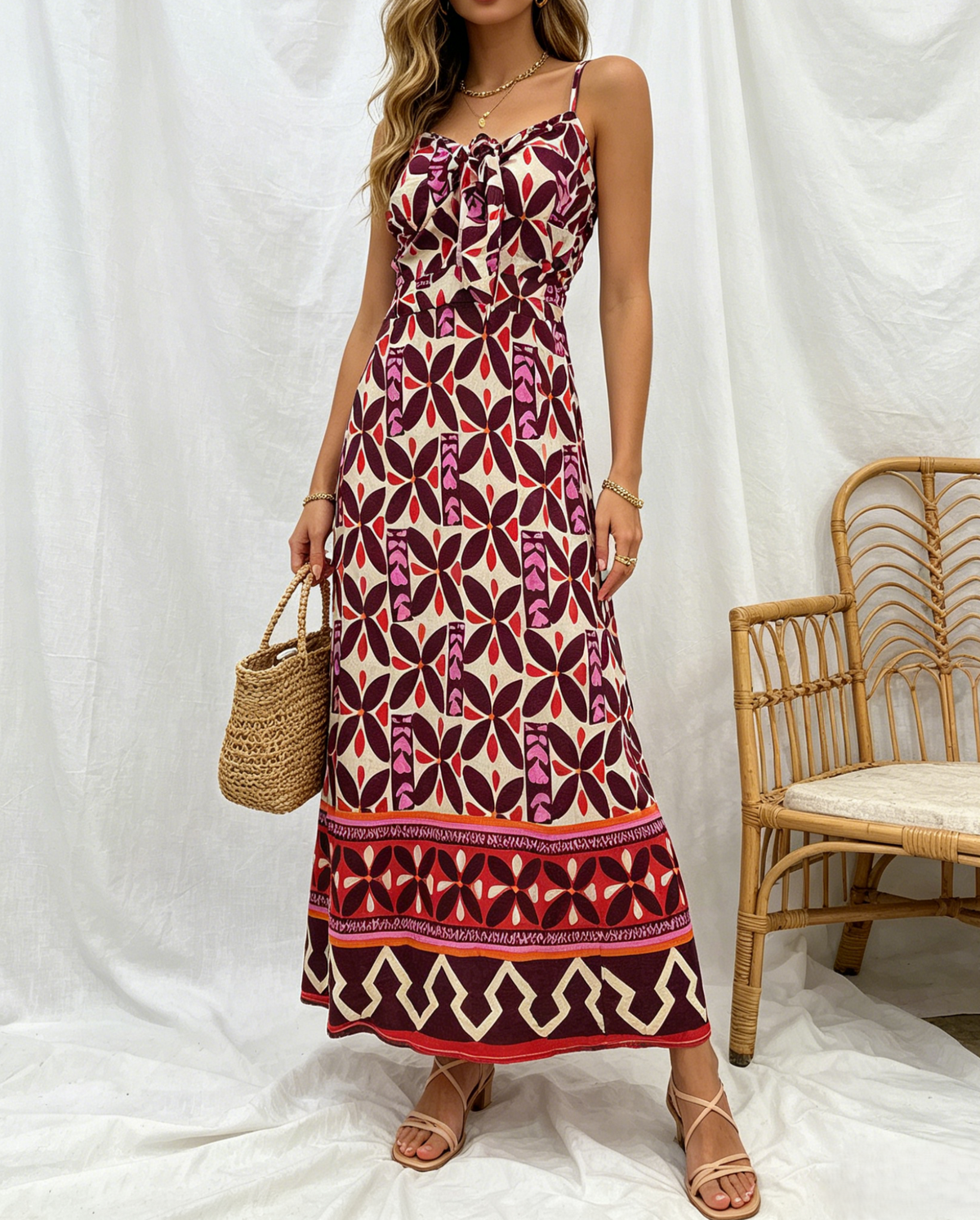 Boho Border Print Cami Maxi Dress - Winered - 3