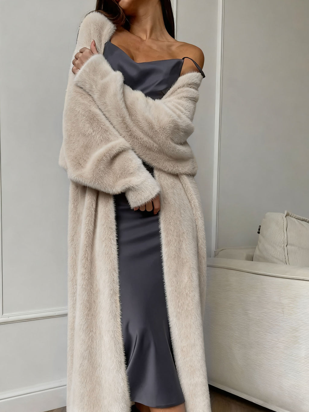 Longline Plush Faux Fur Open Coat - Apricot