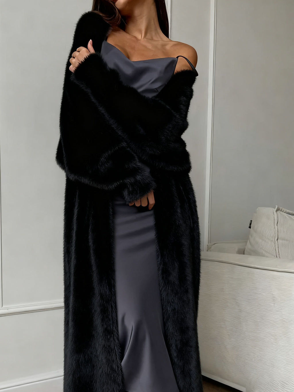 Longline Plush Faux Fur Open Coat - Black