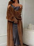 Longline Plush Faux Fur Open Coat - Coffee