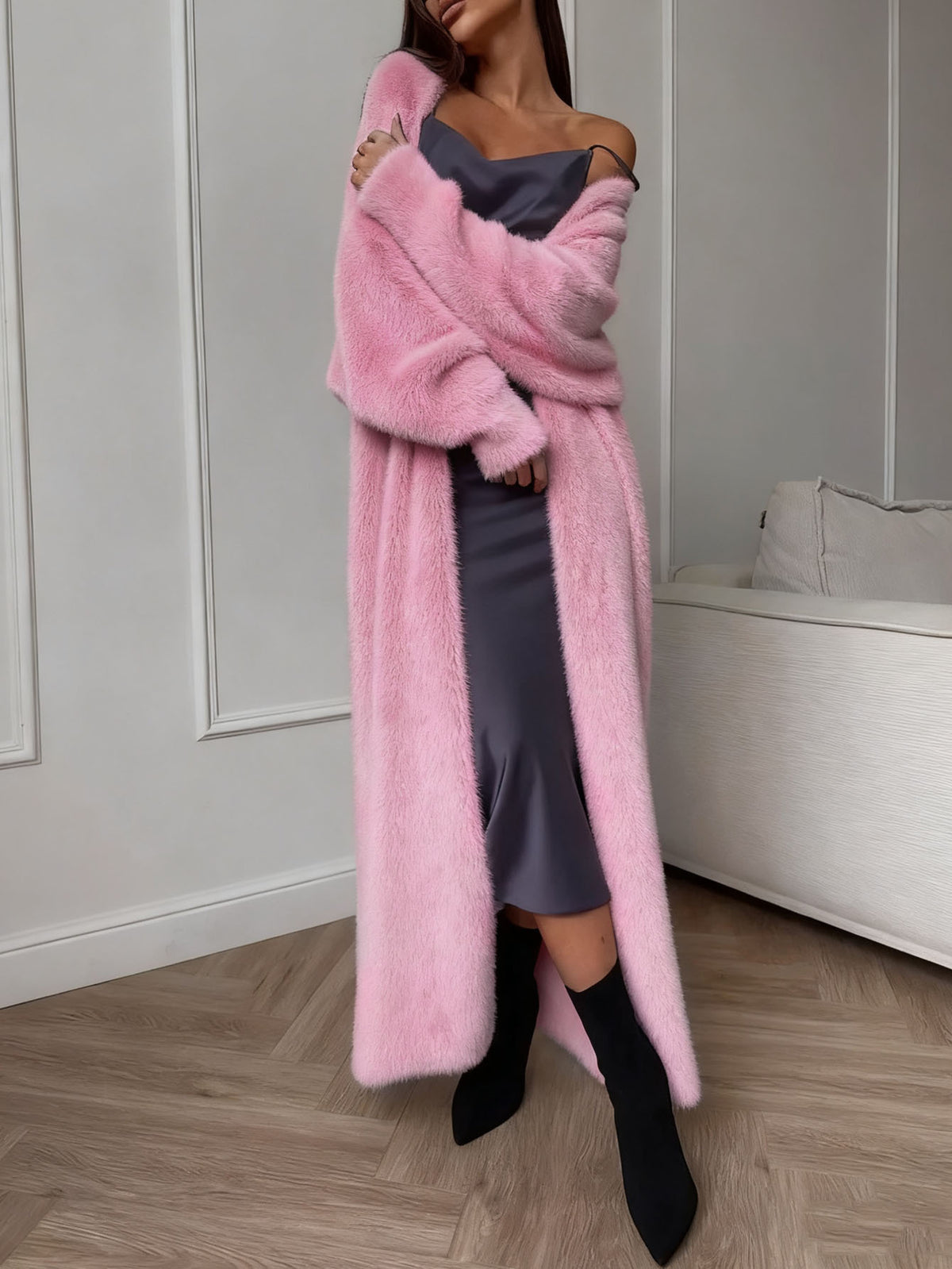 Longline Plush Faux Fur Open Coat - Pink