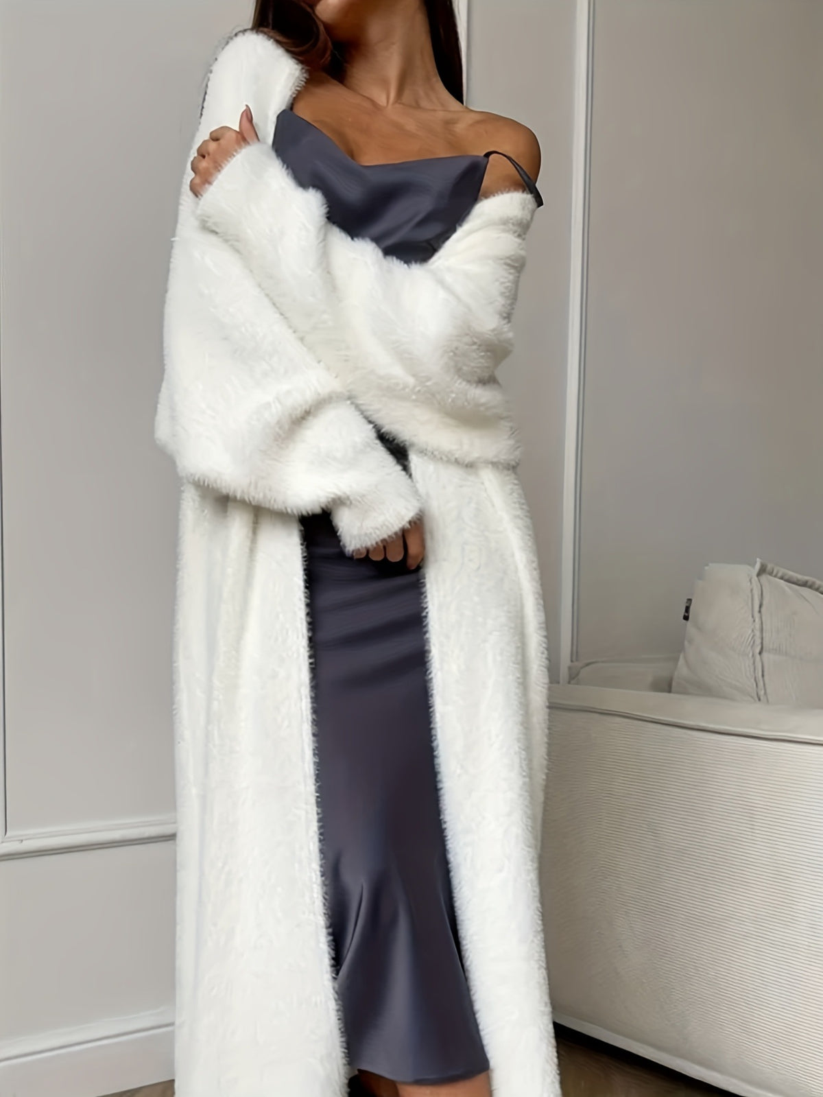 Longline Plush Faux Fur Open Coat - White