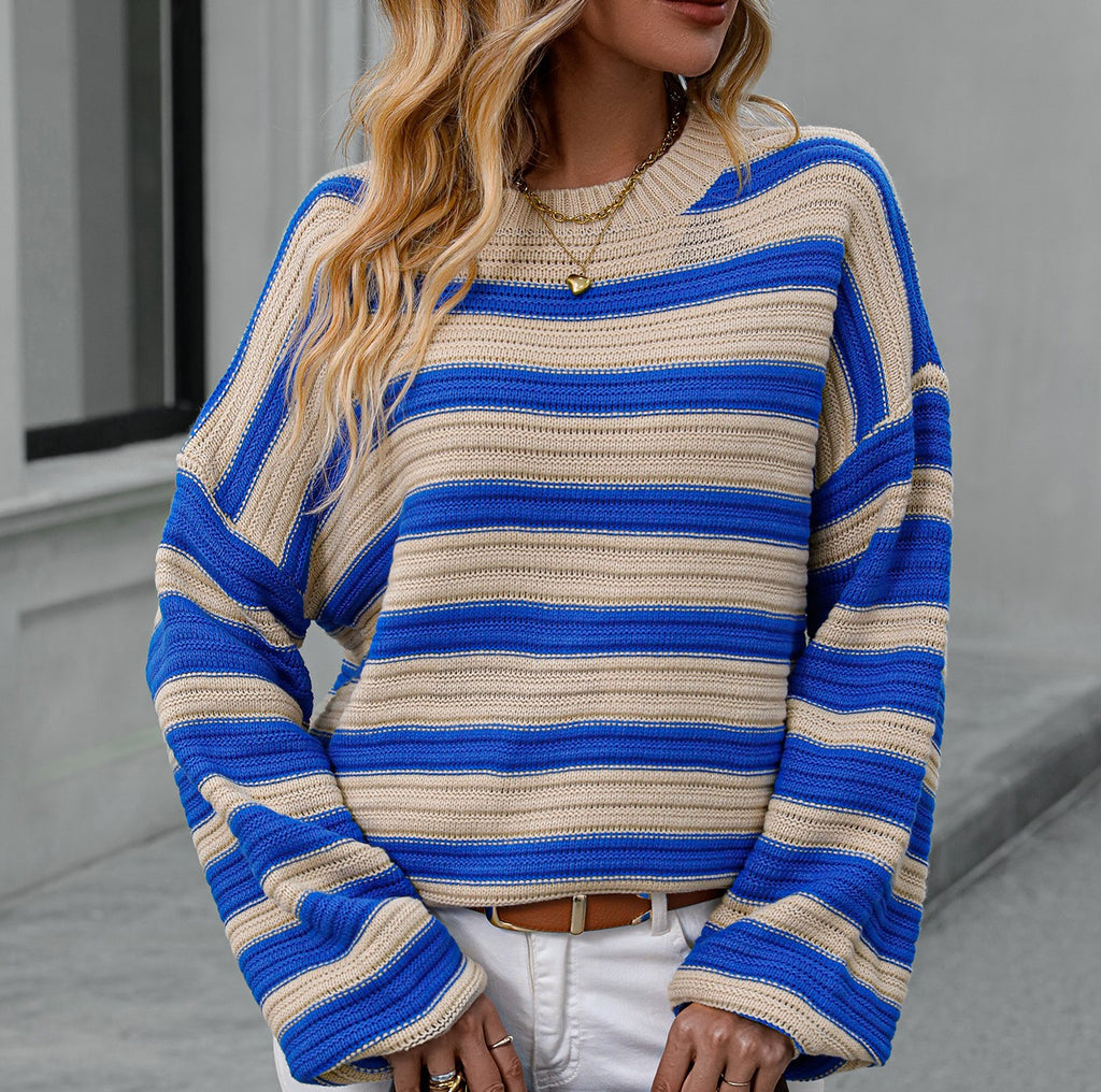 Oversized Striped Drop Shoulder Sweater - Apricot