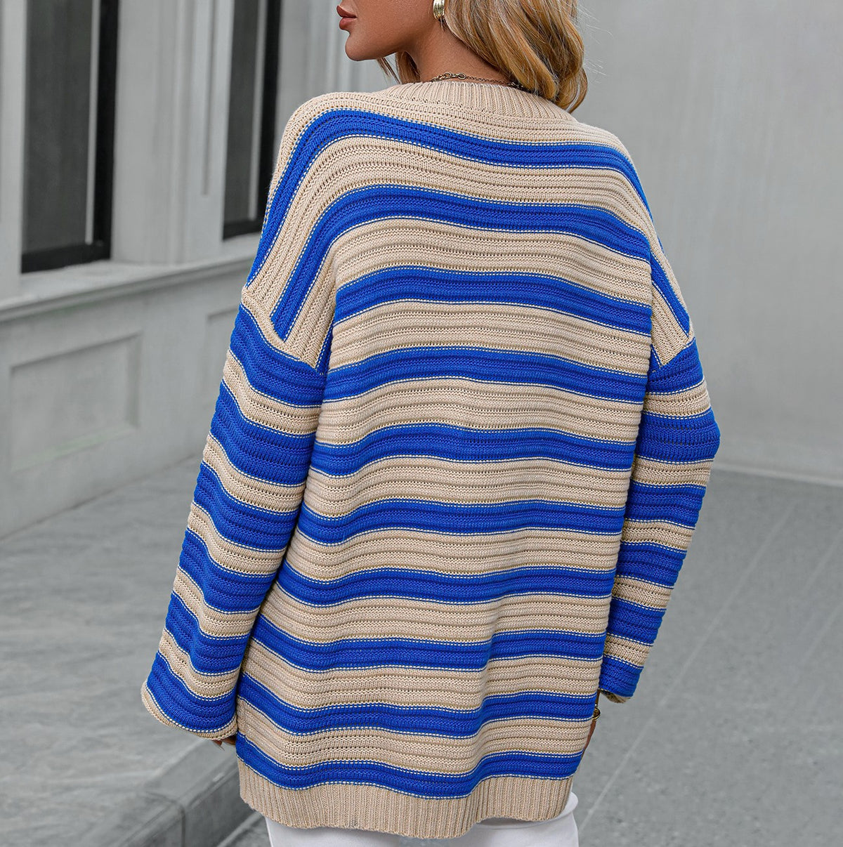 Oversized Striped Drop Shoulder Sweater - Apricot - 1