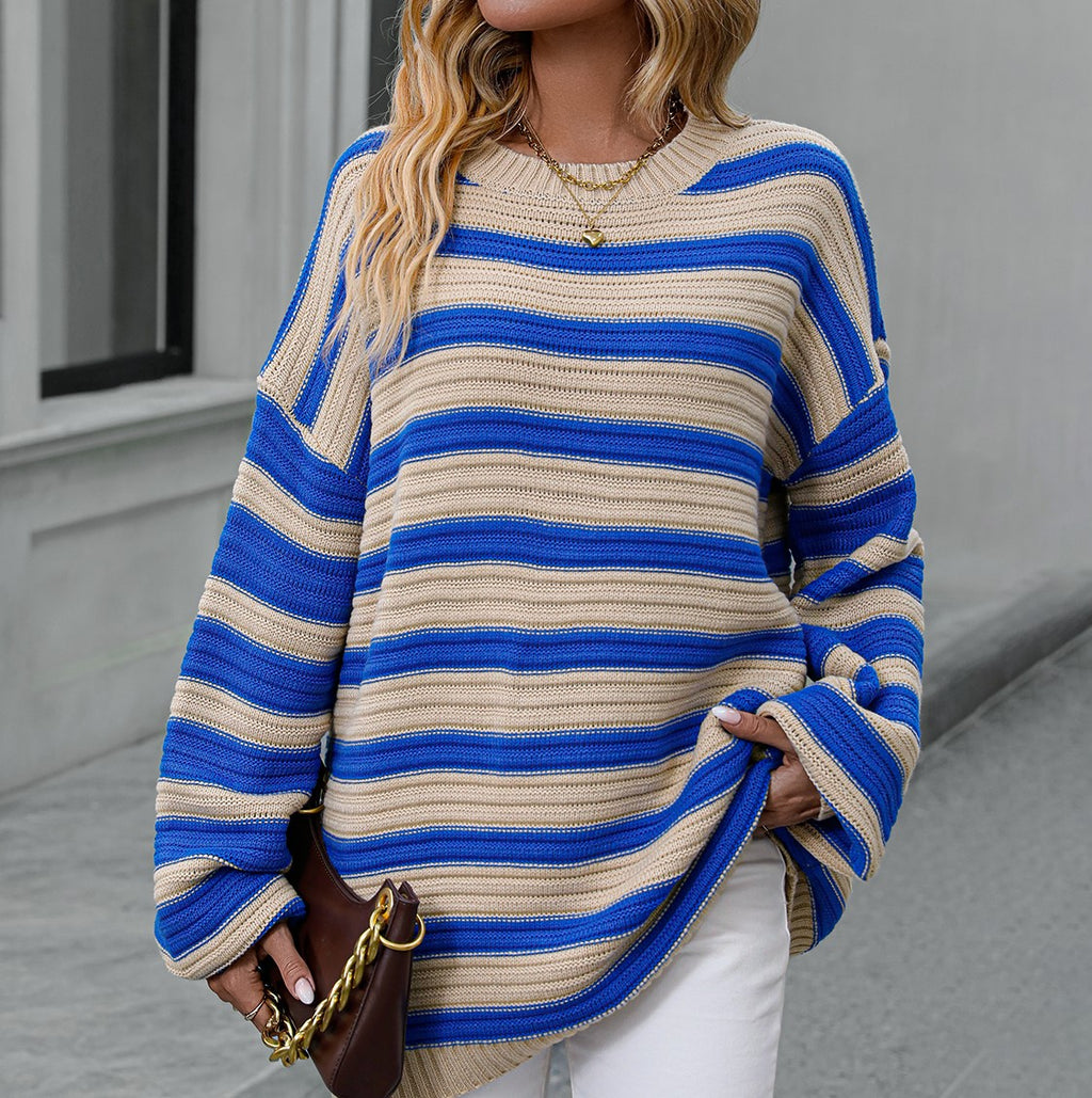 Oversized Striped Drop Shoulder Sweater - Apricot - 2