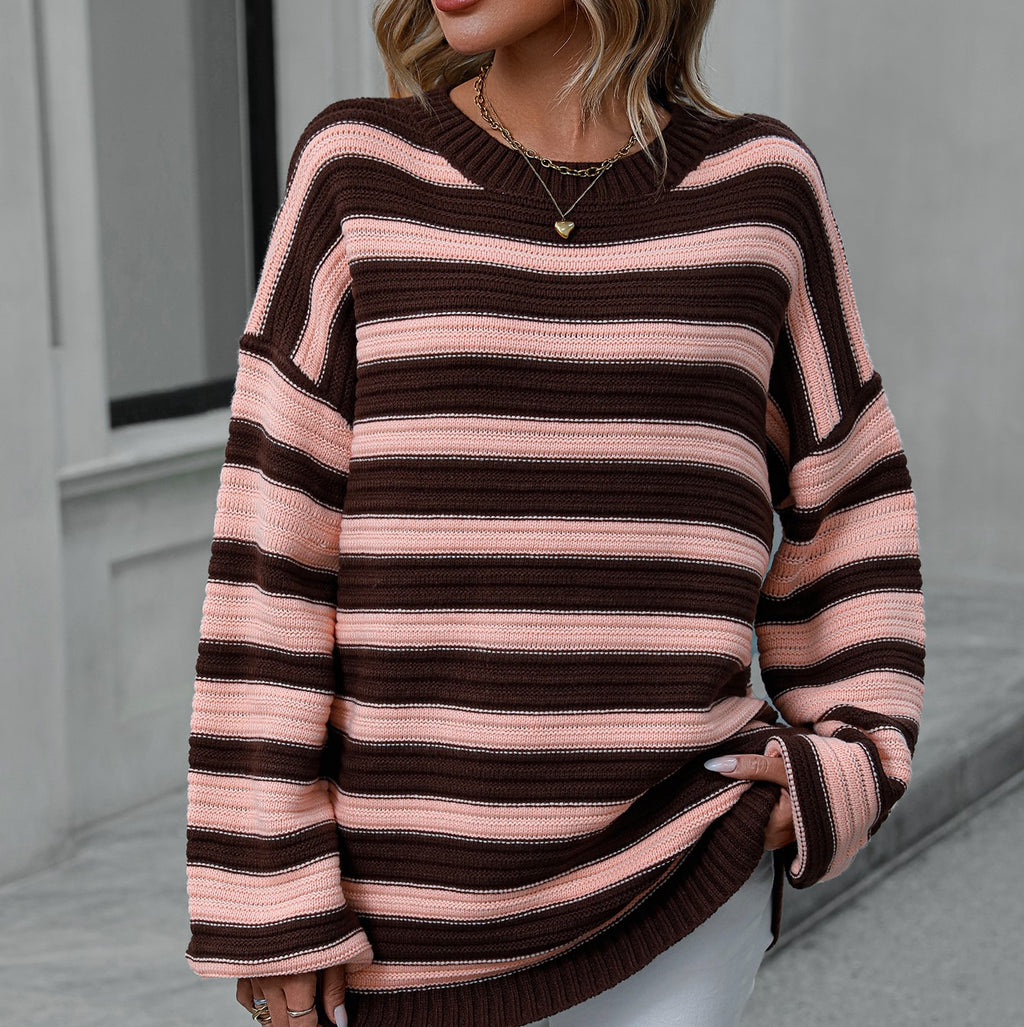 Oversized Striped Drop Shoulder Sweater - Coffee