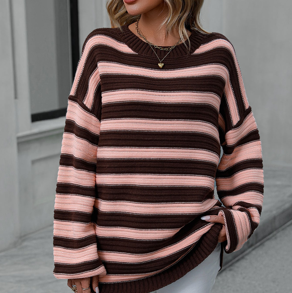Oversized Striped Drop Shoulder Sweater - Coffee