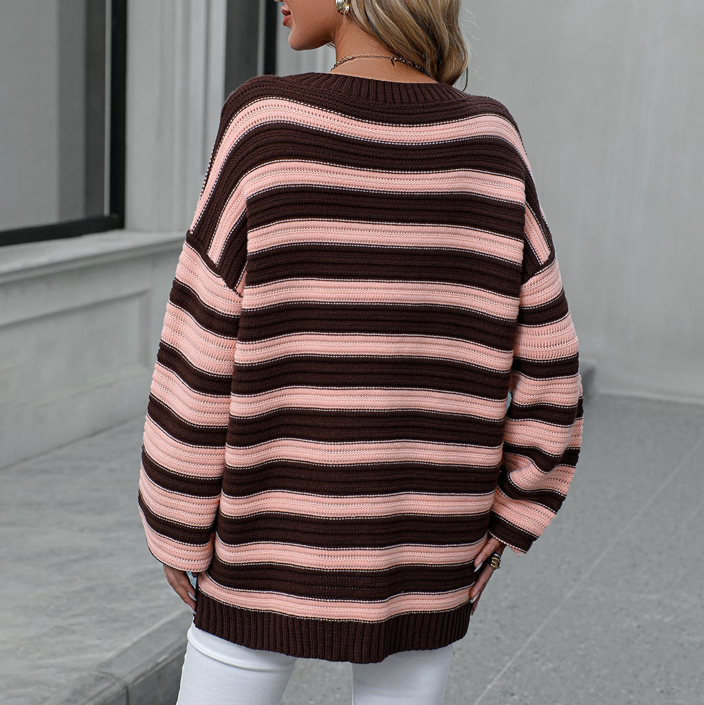 Oversized Striped Drop Shoulder Sweater - Coffee - 2